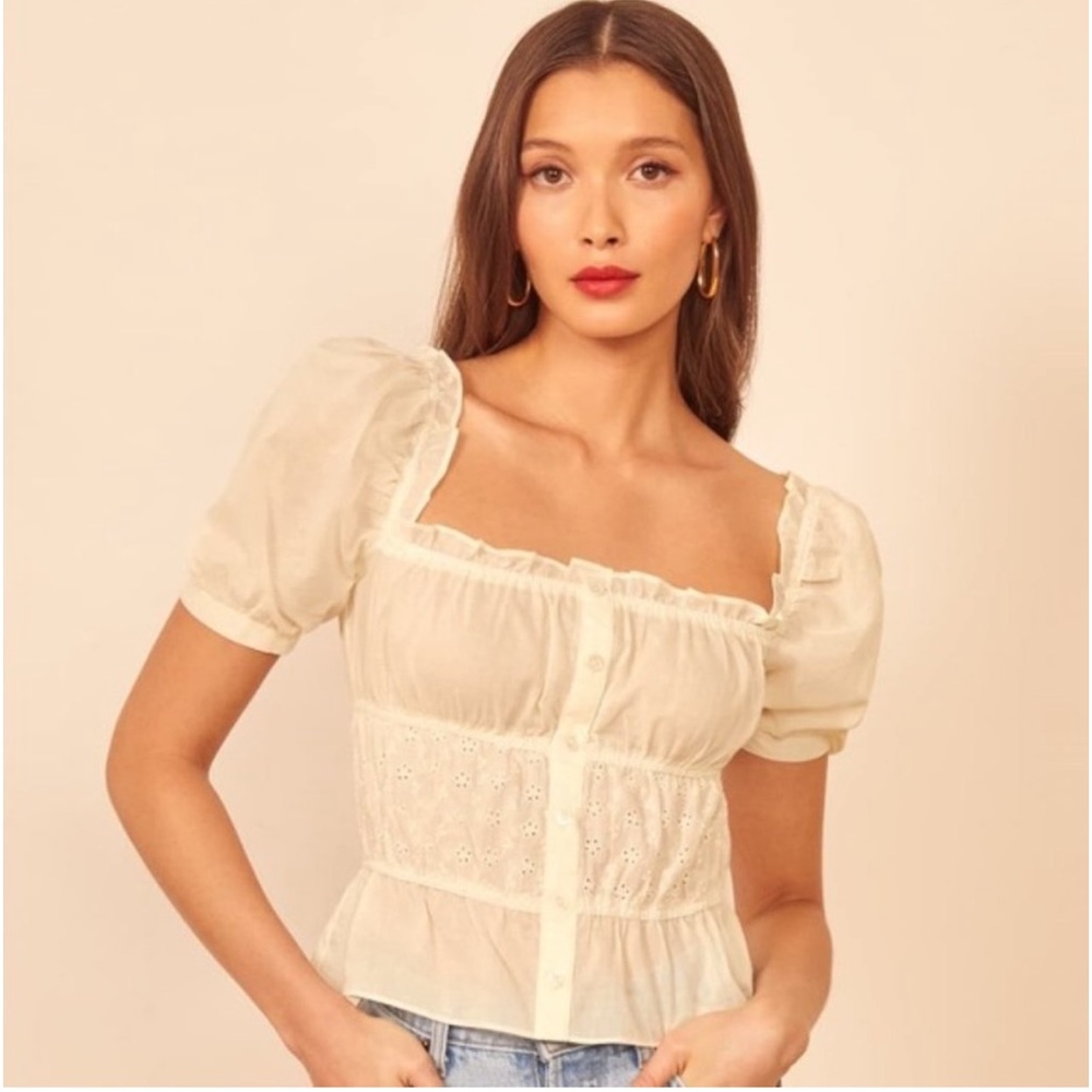 Reformation Sicilia Puff Sleeve Milkmaid Top Ivory White